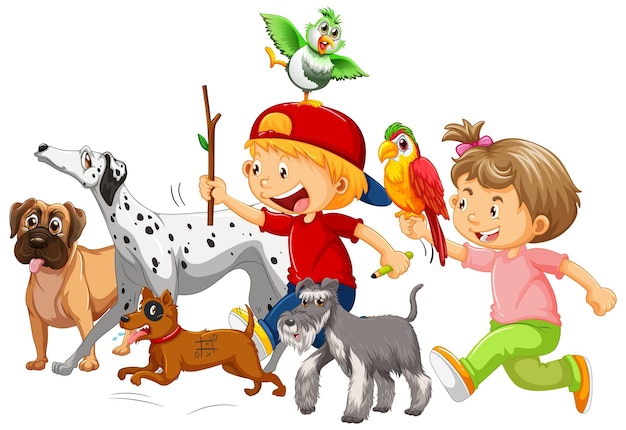 Бесплатное векторное изображение Счастливые дети со своими собаками