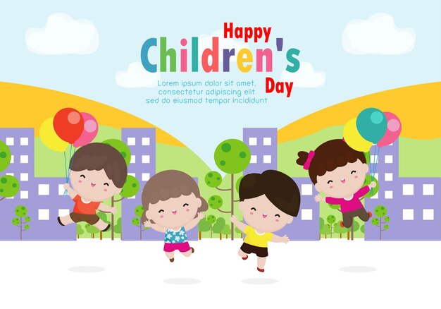 幸せな子供たちがジャンプしておもちゃを保持している幸せな子供の日の背景ポスター孤立したイラスト プレミアムベクター