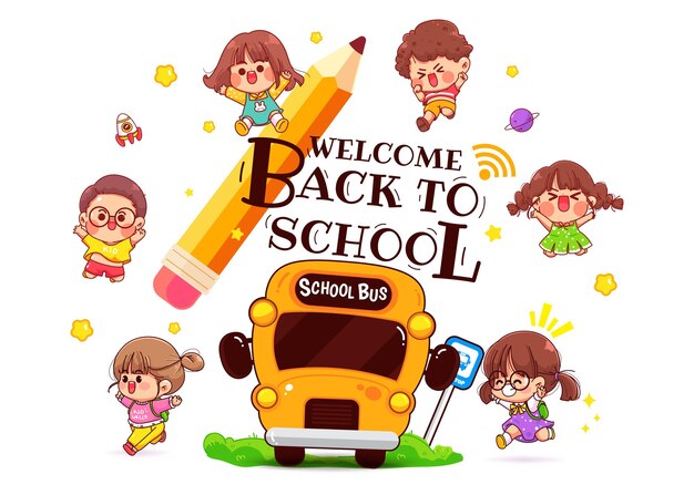Счастливые дети и школьный автобус иллюстрации шаржа