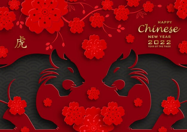 Happy chinese new year 2022, tiger zodiac sign, with gold paper cut art and craft style on color background for greeting card, flyers, poster (chinese translation : happy new year 2022, year of tiger) Premium Vector