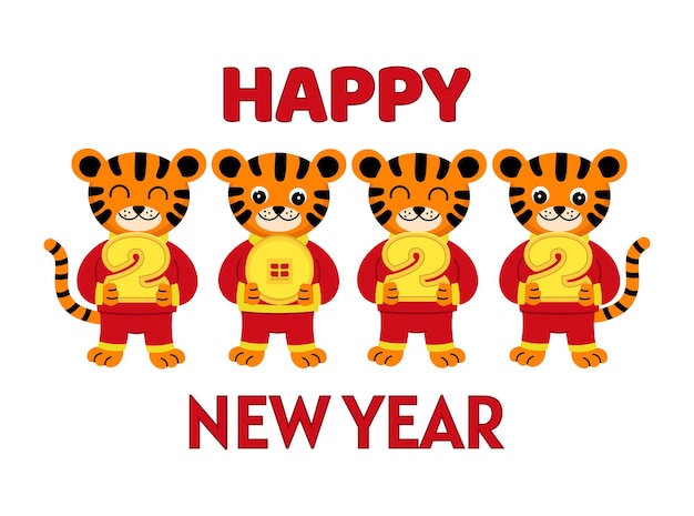 Happy chinese new year 2022 with cute cartoon tiger in red costume holding numbers in their hands