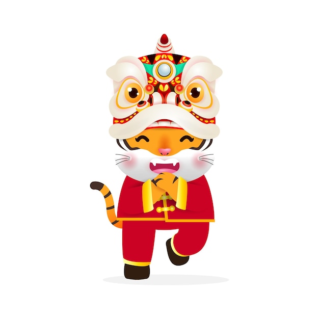 Happy chinese new year 2022 the year of the tiger cute little tiger performs lion dance