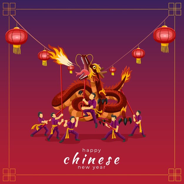 Happy chinese new year greeting card with dragon dance performance