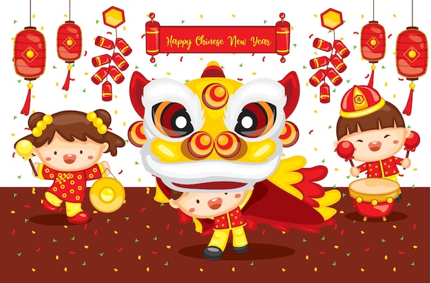 Happy chinese new year lion dance festival with elements