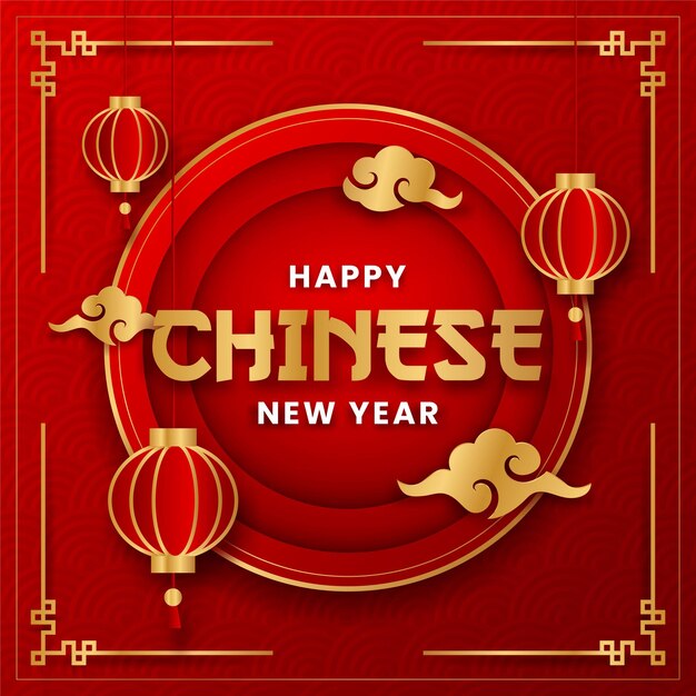 Happy chinese new year paper style vector design. flyer or poster chinese new year with lantern and chinese cloud themed.