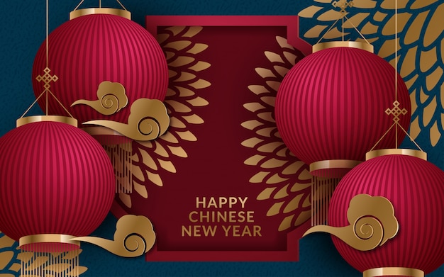 Happy chinese new year on spring couplet with lanterns