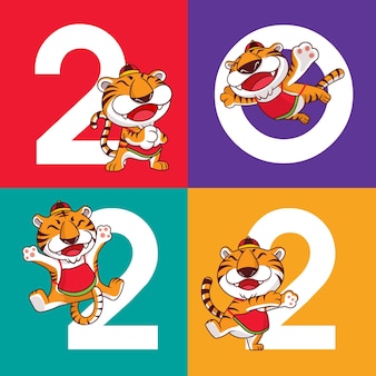 Happy chinese new year with cartoon cute tigers doing different poses on 2022 background