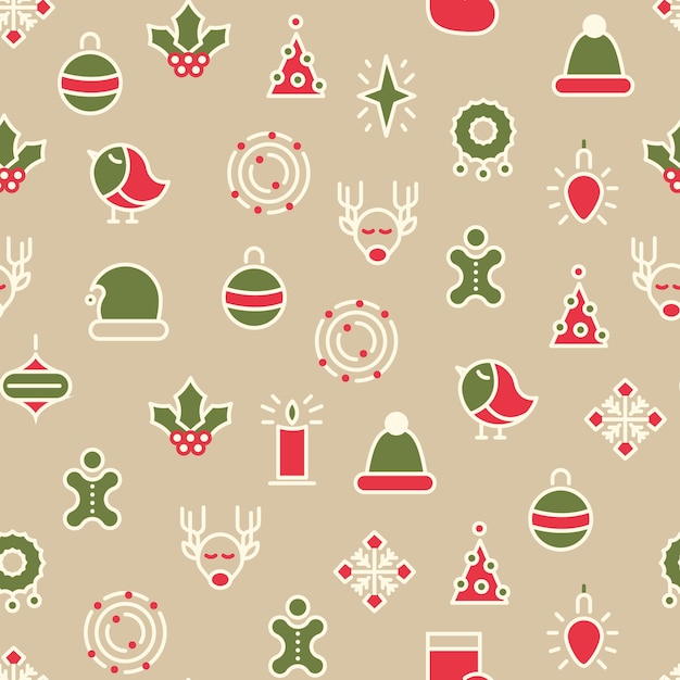 Free vector happy christmas symbols seamless pattern with different kind of gifts and holly toys with line colorful