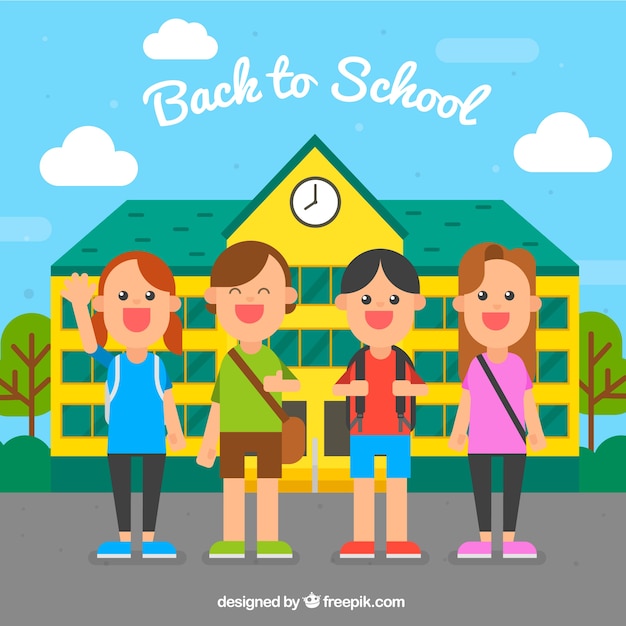 Happy classmates in the school – Free Vector Template