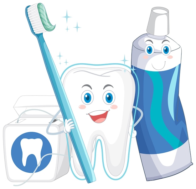 Free vector happy cleaning a big tooth with a brush and dental floss