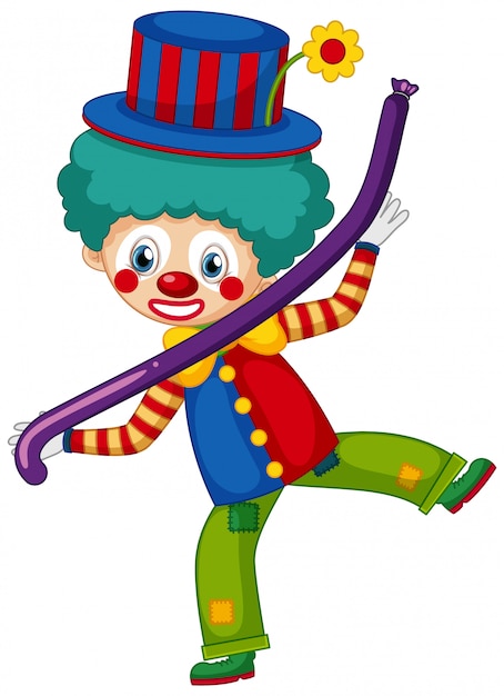 Счастливый клоун с фиолетовым шаром на белом фоне