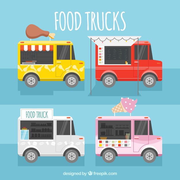 Happy collection of colorful food trucks