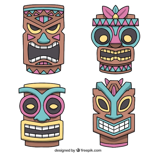 Free vector happy collection of tribal tiki masks