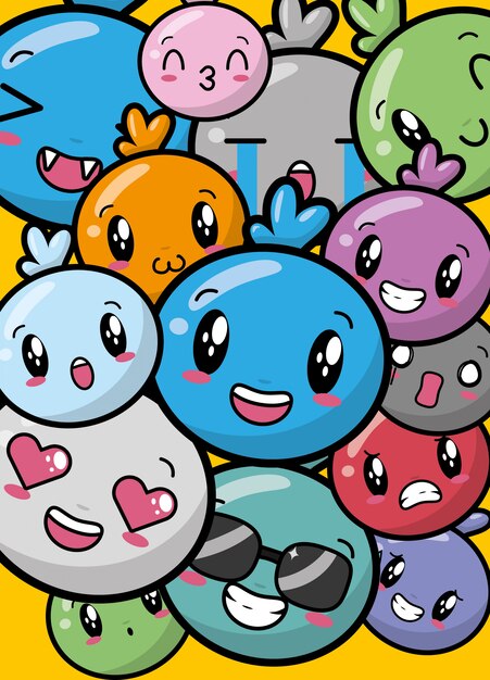 happy colorful Kawaii emojis