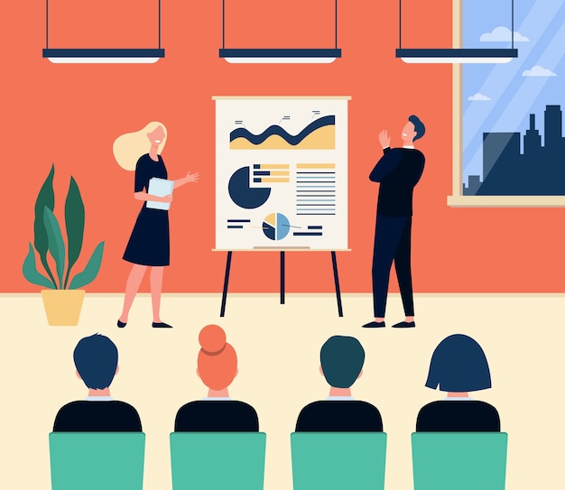 Happy company coaches and employees meeting in conference room. Speaker presenting diagram on flipchart, performing with lecture. Vector illustration for business training, presentation concept