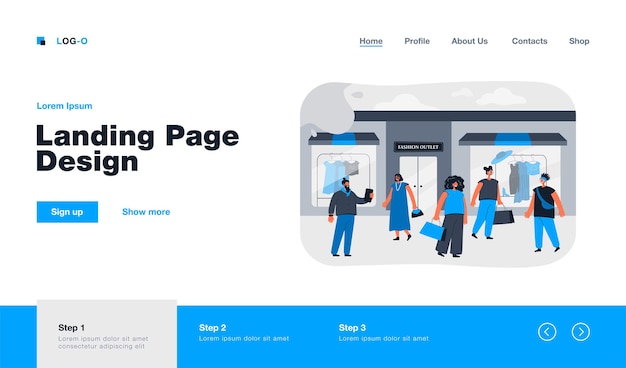 Счастливые потребители выбирают одежду в магазине или на целевой странице бутика в плоском стиле
