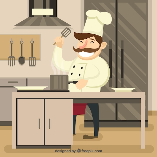 Free vector happy cook in his kitchen