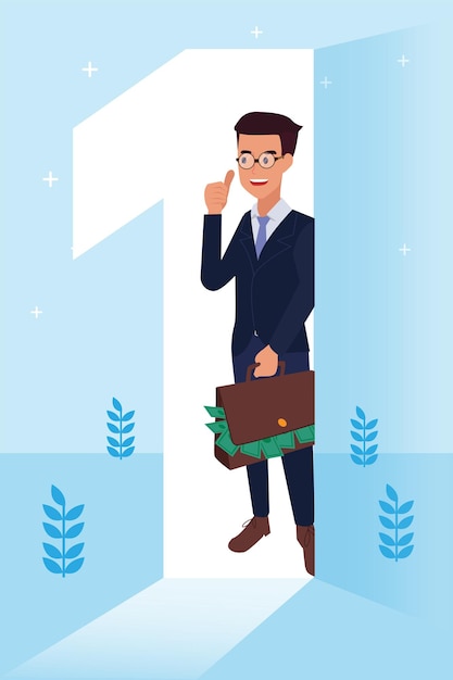 Free vector happy   corporate man done his job as vison & mission and celebrating, leadership success and career progress concept, flat   illustration