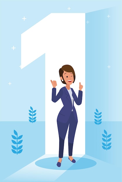 Happy   corporate woman done her job as vison & mission and celebrating, leadership success and career progress concept, flat   illustration