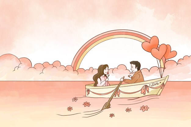 Happy couple on a boat valentine background