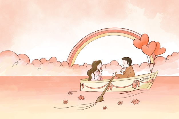 ボートバレンタイン背景に幸せなカップル