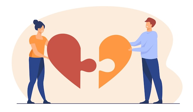 Free vector happy couple connecting heart pieces together