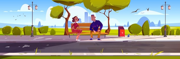 Free vector happy couple on date in city park public garden with man and woman sitting on wooden bench