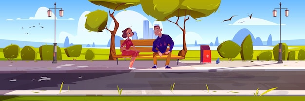 Happy couple on date in city park public garden with man and woman sitting on wooden bench