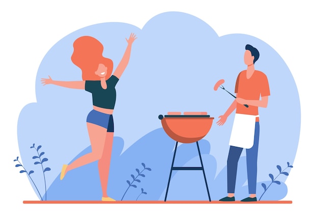 Счастливая пара, наслаждаясь барбекю. парень готовит мясо на гриле, девушка танцует у него плоские векторные иллюстрации. барбекю, пикник, лето