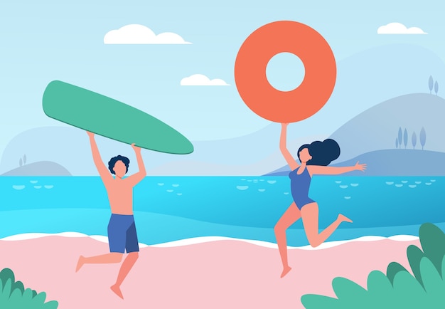 Happy couple enjoying summer beach activities. Man and woman with surfboard and lifebuoy at sea flat illustration.