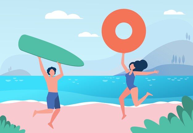 Счастливая пара, наслаждаясь летними пляжными мероприятиями. Мужчина и женщина с доской для серфинга и спасательный круг на море плоской иллюстрации.
