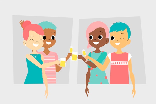 Free vector happy couple friends toasting together