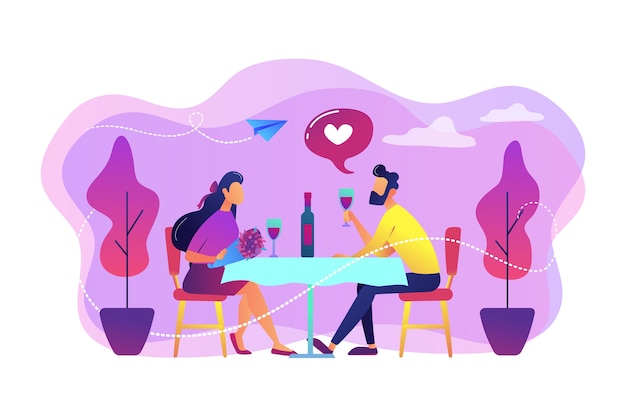 테이블에 앉아서 와인, 작은 사람들을 마시는 낭만적 인 데이트에 사랑에 행복 한 커플. 낭만적 인 데이트, 낭만적 인 관계, 사랑 이야기 개념.