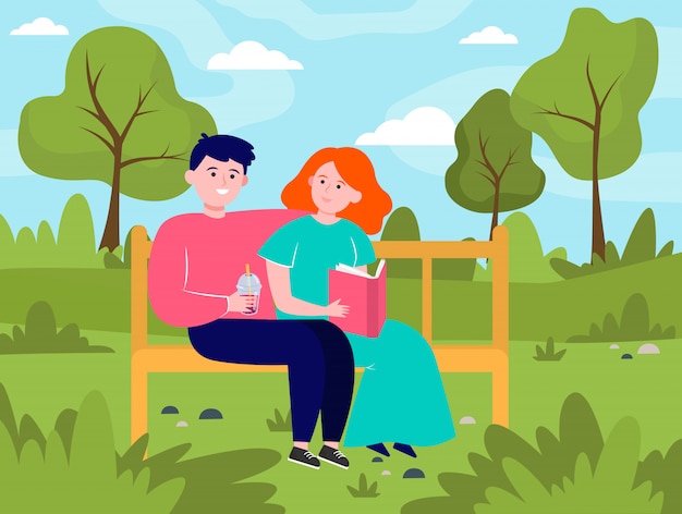 Free vector happy couple sitting on bench in park