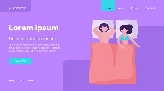Счастливая пара вместе спать. кровать, комфорт, любовь плоские векторные иллюстрации. дизайн веб-сайта концепции семьи и отношений или целевая веб-страница
