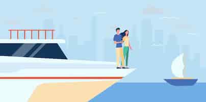 Vettore gratuito coppia felice in piedi sul bordo dello yacht. mare, paesaggio urbano, illustrazione piatta ricchezza. illustrazione del fumetto
