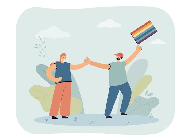 LGBT 커뮤니티를 지원하는 행복한 커플. 무지개 깃발 평면 벡터 일러스트 레이 션을 들고 남성 캐릭터