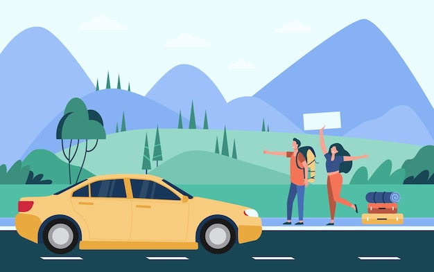 Free vector happy couple of tourists with backpacks and camping stuff hitchhiking on road and thumbing yellow car