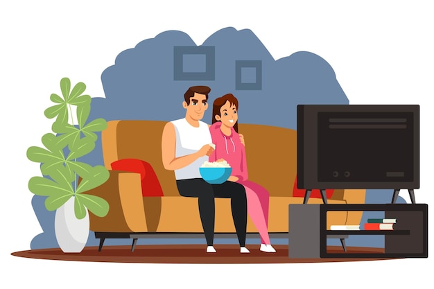 Vettore gratuito coppia felice guardando la tv a casa giovane famiglia a casa seduta sul divano guardando la televisione e mangiando popcorn insieme amore e romanticismo a casa con un design d'interni moderno