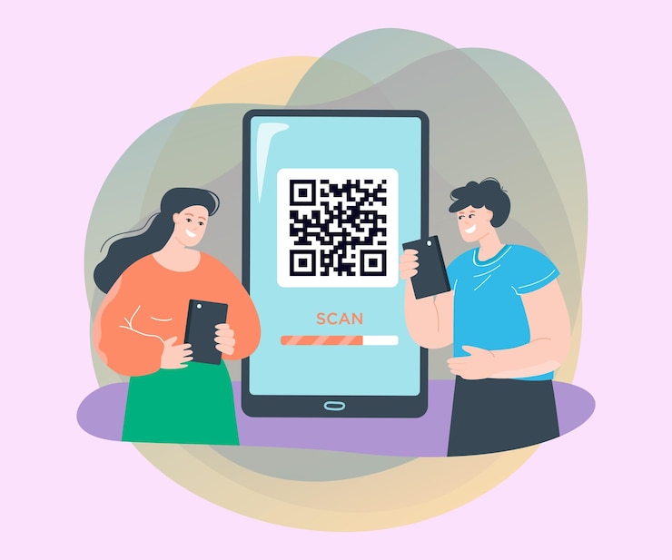 Free Vector happy couple with phones and huge smartphone with qr code