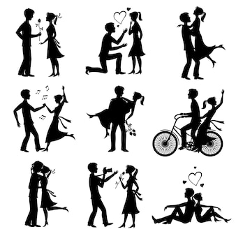 愛の幸せなカップルはちょうど結婚して新郎新婦の黒いシルエット プレミアムベクター 愛の幸せなカップルはちょうど結婚して新郎新婦の黒いシルエット プレミアムベクター