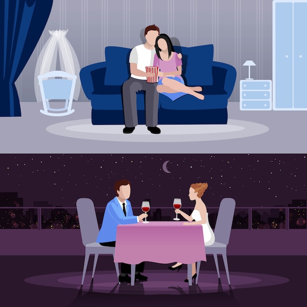 Happy couples people in romantic atmosphere at home and restaurant flat compositions isolated vector