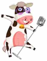 Vettore gratuito personaggio dei cartoni animati di mucca felice con il rastrello