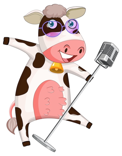 Happy cow cartoon character with rake