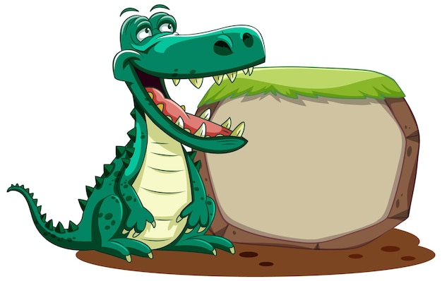 Happy crocodile beside a wooden sign