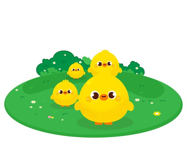 花の花輪のかわいいアヒルの子のイラスト 手描き プレミアムベクター