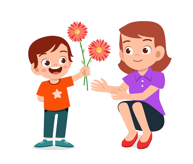 Happy cute boy give flower to mother | Premium Vector