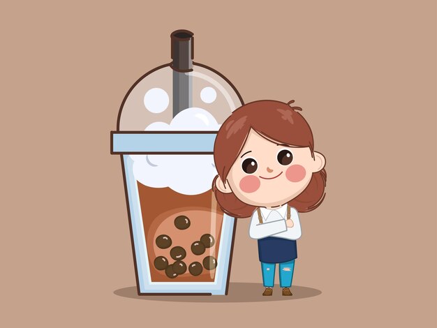 Счастливый милый мультяшный бариста, подающий пузырьковый чай с молоком, напитки персонажей, художественная иллюстрация