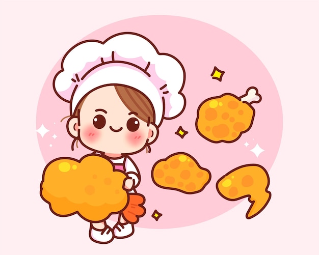 Happy cute chef holding fried shrimp and fried chicken food restaurant logo cartoon hand drawn cartoon art illustration