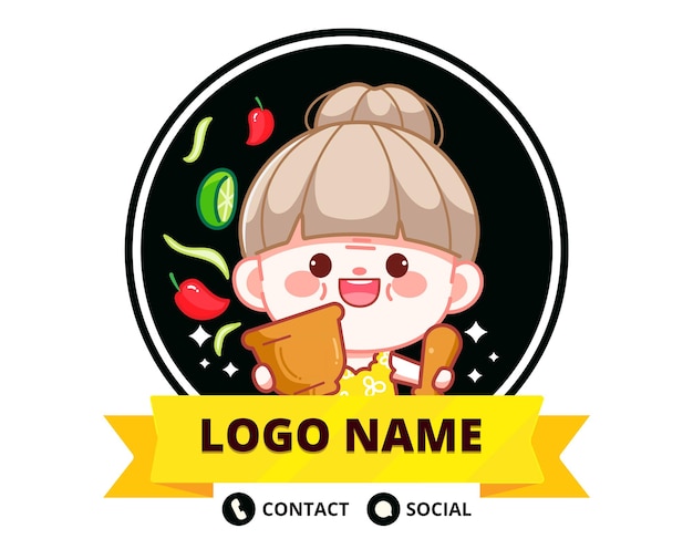 Happy cute chef with papaya salad banner logo cartoon art illustration